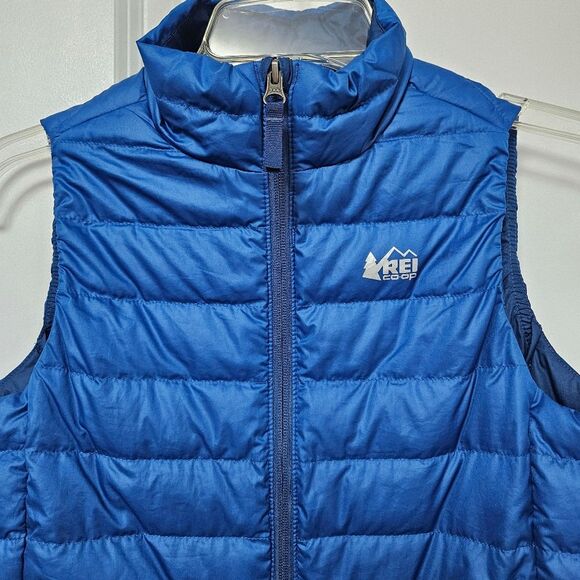 Rei Co-Op Down Vest Youth Medium Blue Puffer Quilted Hiking Full Zip Pockets EUC - Picture 4 of 9